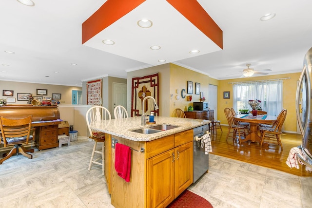 445 Cedar Hill Rd SW, Amanda, OH 43102 - kitchen with appliances with stainless steel finishes, ornamental molding, an island with sink, light stone countertops, and a kitchen breakfast bar