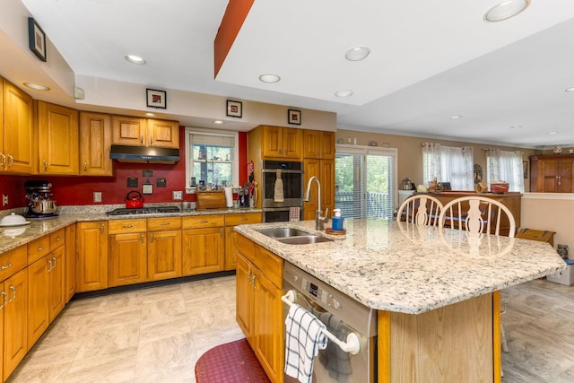 445 Cedar Hill Rd SW, Amanda, OH 43102 - kitchen with under cabinet range hood, appliances with stainless steel finishes, light stone countertops, recessed lighting, and a center island with sink
