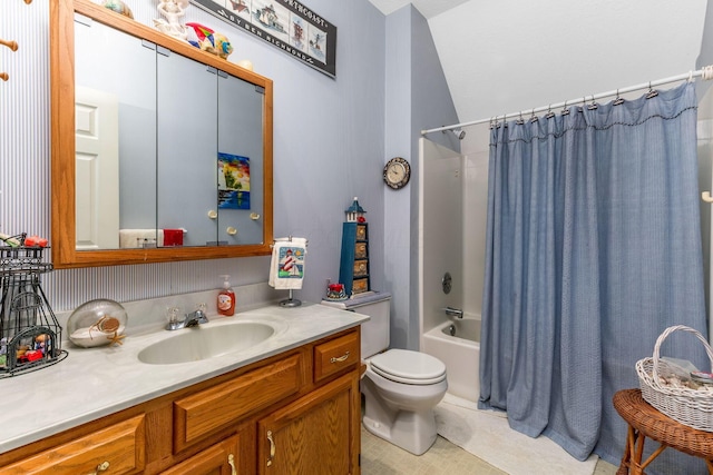 445 Cedar Hill Rd SW, Amanda, OH 43102 - bathroom with vanity, shower / bathtub combination with curtain, tile patterned floors, and lofted ceiling