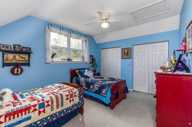 445 Cedar Hill Rd SW, Amanda, OH 43102 - carpeted bedroom with vaulted ceiling, multiple closets, attic access, and a ceiling fan