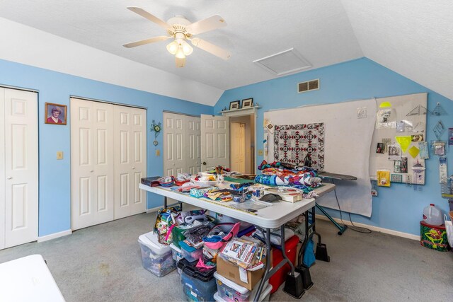 445 Cedar Hill Rd SW, Amanda, OH 43102 - carpeted dining area featuring vaulted ceiling, ceiling fan, and attic access