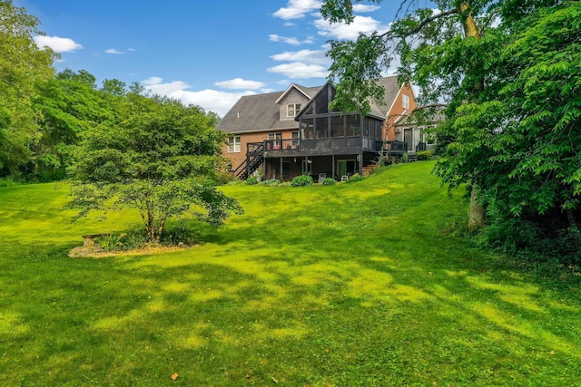 445 Cedar Hill Rd SW, Amanda, OH 43102 - view of grassy yard featuring a sunroom, stairway, and a wooden deck