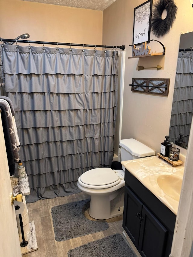 375 Darby Ct, Galloway, OH 43119 - bathroom with wood finished floors, vanity, a shower with shower curtain, and a textured ceiling
