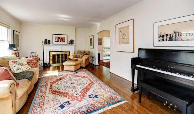 259 N Stanwood Rd, Columbus, OH 43209 - living room featuring arched walkways, wood finished floors, crown molding, and a glass covered fireplace