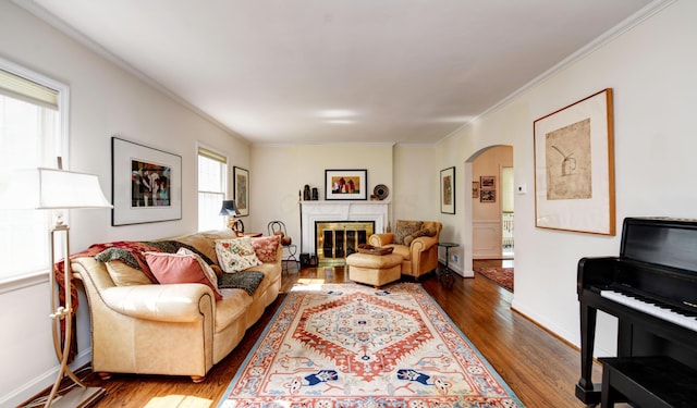 259 N Stanwood Rd, Columbus, OH 43209 - living area with arched walkways, wood finished floors, ornamental molding, and a glass covered fireplace
