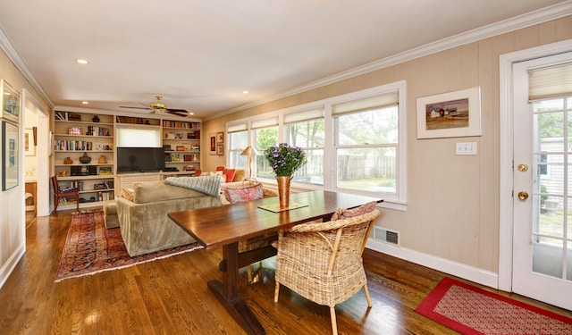 259 N Stanwood Rd, Columbus, OH 43209 - dining space featuring ornamental molding, wood finished floors, a ceiling fan, and recessed lighting