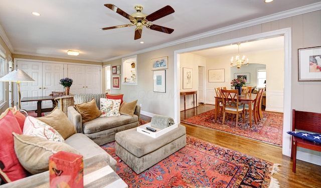 259 N Stanwood Rd, Columbus, OH 43209 - living area with a chandelier, wood finished floors, ornamental molding, a ceiling fan, and recessed lighting