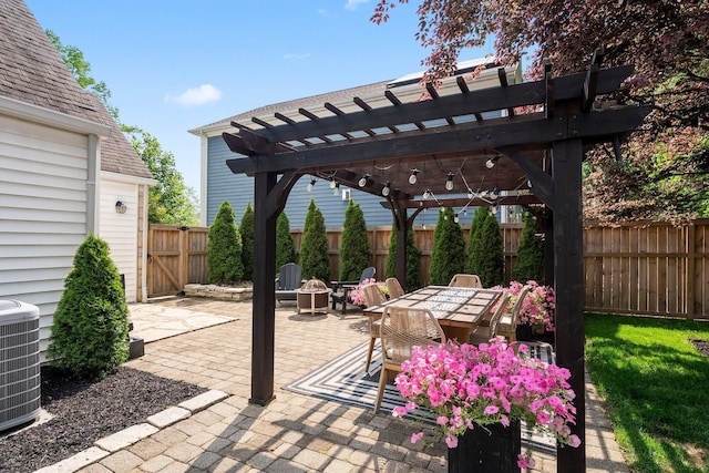 1572 Barrington Rd, Upper Arlington, OH 43221 - fenced backyard featuring central AC unit, a pergola, a patio, an outdoor fire pit, and outdoor dining area