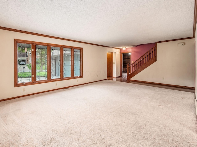 5434 Flat Head Ct, Columbus, OH 43230 - unfurnished living room featuring a textured ceiling, ornamental molding, carpet, stairway, and baseboards