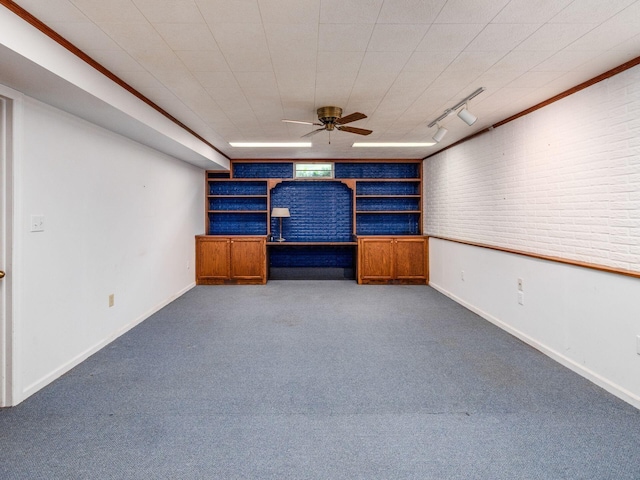 5434 Flat Head Ct, Columbus, OH 43230 - unfurnished living room with carpet flooring, baseboards, rail lighting, and ceiling fan