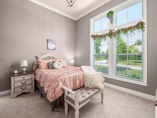 2235 Forestview Ln, Delaware, OH 43015 - bedroom featuring ornamental molding, light carpet, and a chandelier