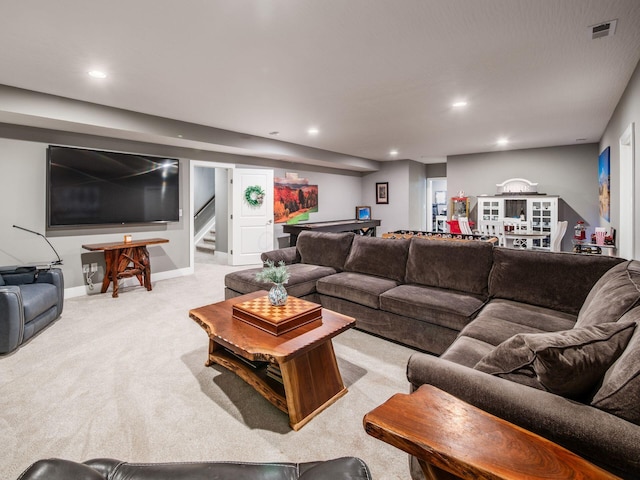 2235 Forestview Ln, Delaware, OH 43015 - living room with carpet, stairs, pool table, and recessed lighting