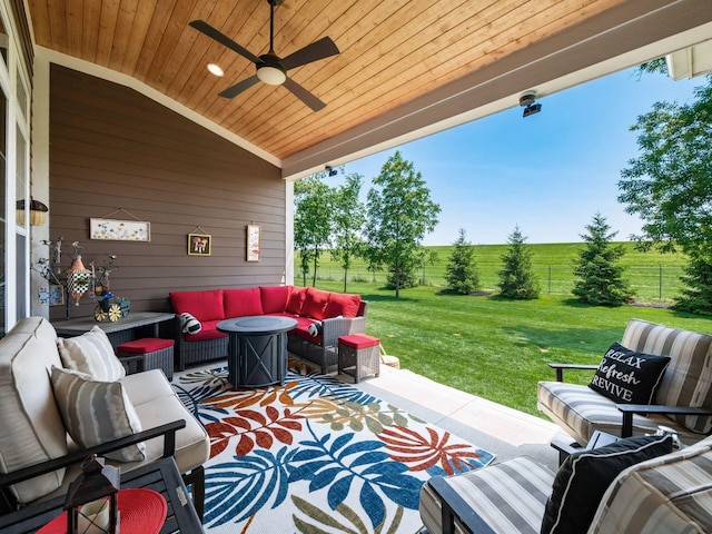 2235 Forestview Ln, Delaware, OH 43015 - view of patio / terrace featuring an outdoor living space, a ceiling fan, and a rural view