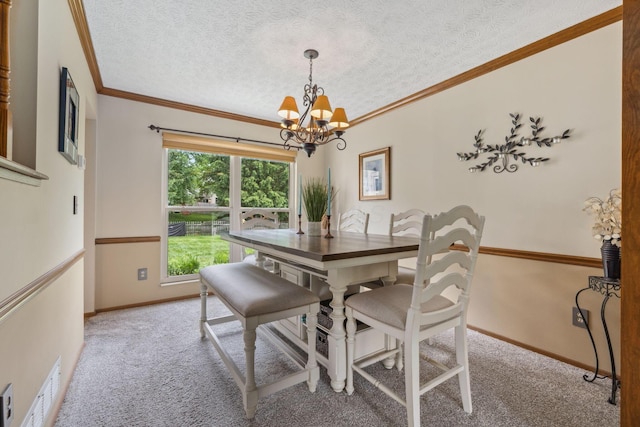 388 Slate Run Dr, Powell, OH 43065 - dining space with carpet floors, a chandelier, ornamental molding, a textured ceiling, and baseboards