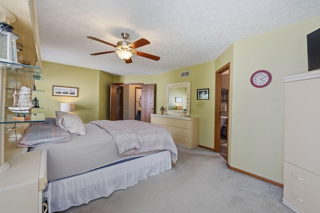 388 Slate Run Dr, Powell, OH 43065 - bedroom with light carpet, baseboards, a textured ceiling, and a ceiling fan