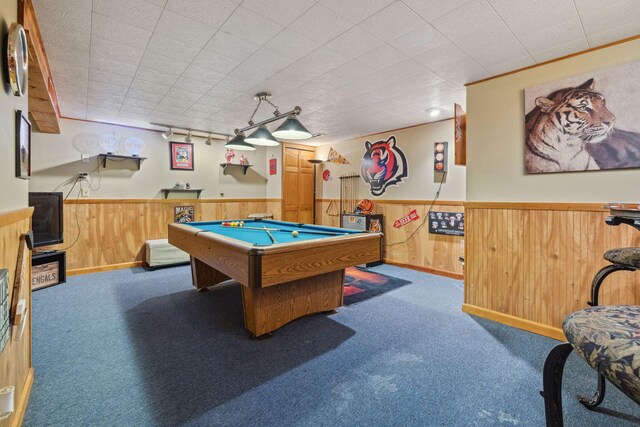 388 Slate Run Dr, Powell, OH 43065 - game room with carpet flooring, wainscoting, pool table, and wood walls