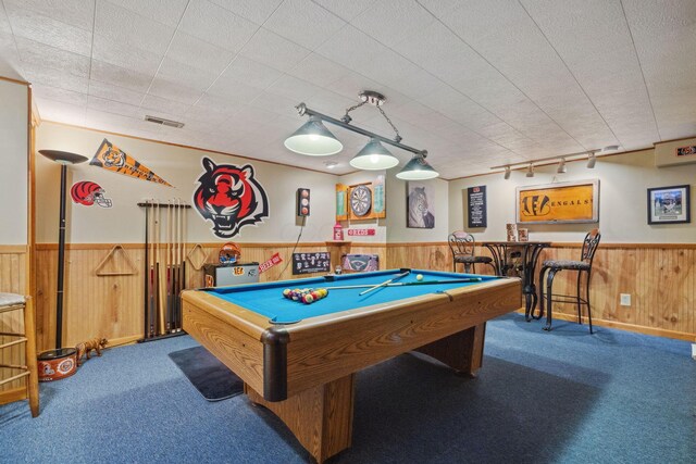 388 Slate Run Dr, Powell, OH 43065 - game room featuring track lighting, carpet floors, wainscoting, wooden walls, and billiards