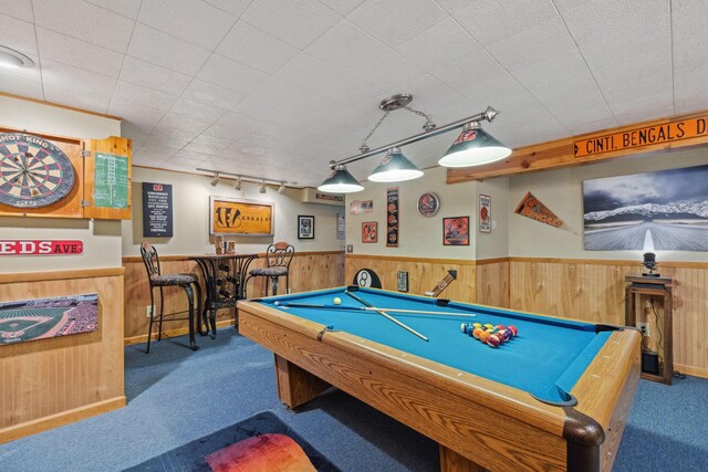 388 Slate Run Dr, Powell, OH 43065 - rec room featuring carpet floors, track lighting, wainscoting, wood walls, and billiards