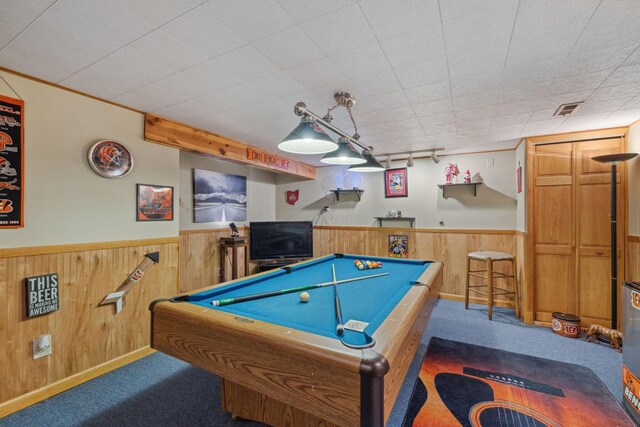 388 Slate Run Dr, Powell, OH 43065 - recreation room featuring a wainscoted wall, wood walls, carpet floors, and billiards