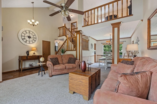 388 Slate Run Dr, Powell, OH 43065 - living area featuring carpet, high vaulted ceiling, a ceiling fan, stairs, and a chandelier