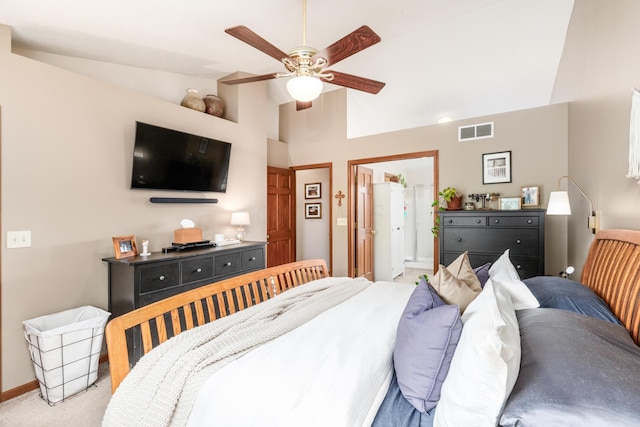 121 Persimmon Ct, Delaware, OH 43015 - bedroom with vaulted ceiling, light colored carpet, a ceiling fan, and baseboards
