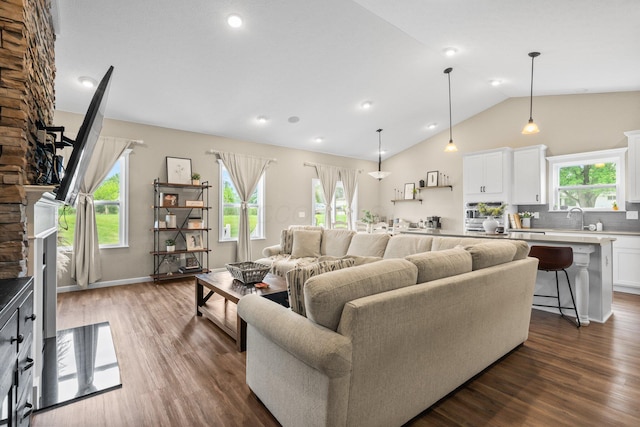 206 Rochdale Run, Delaware, OH 43015 - living area with healthy amount of natural light, dark wood-style flooring, vaulted ceiling, a stone fireplace, and recessed lighting