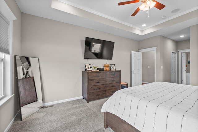206 Rochdale Run, Delaware, OH 43015 - carpeted bedroom with ornamental molding, baseboards, recessed lighting, a raised ceiling, and a ceiling fan