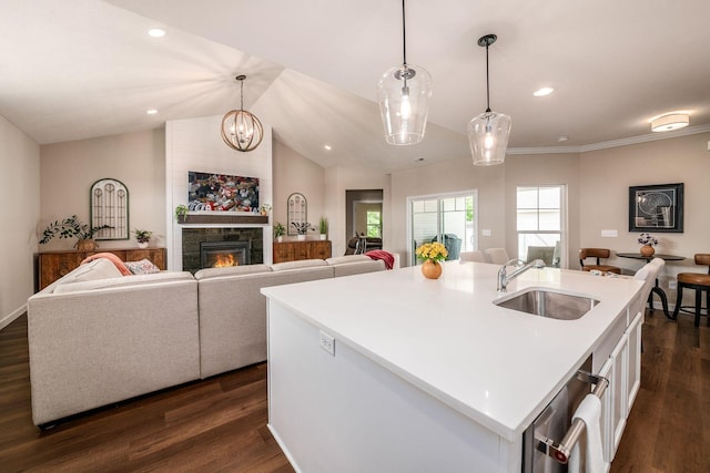 3446 Joberry Loop, Grove City, OH 43123 - kitchen featuring a sink, open floor plan, white cabinets, dark wood-style flooring, and recessed lighting