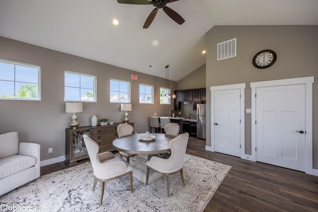 3446 Joberry Loop, Grove City, OH 43123 - dining area featuring a ceiling fan, dark wood-style flooring, high vaulted ceiling, recessed lighting, and baseboards