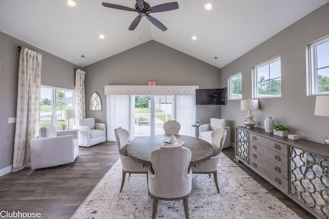 3446 Joberry Loop, Grove City, OH 43123 - dining room featuring plenty of natural light, dark wood-style floors, recessed lighting, a ceiling fan, and high vaulted ceiling