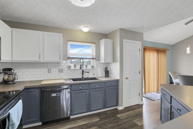 982 Margate Cir, London, OH 43140 - kitchen with dishwasher, a sink, decorative backsplash, dark wood-type flooring, and black range with electric cooktop