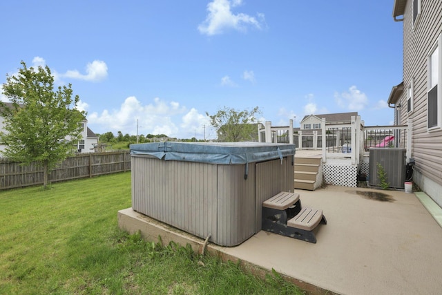 982 Margate Cir, London, OH 43140 - view of yard featuring central air condition unit, a patio, and a wooden deck
