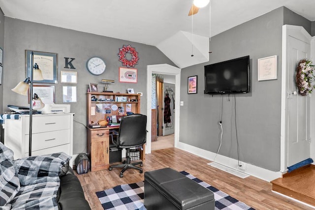 841 Township Highway 52, Nevada, OH 44849 - home office featuring light wood-style flooring, ceiling fan, baseboards, and lofted ceiling