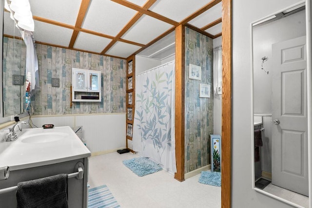 841 Township Highway 52, Nevada, OH 44849 - full bathroom with tile patterned floors, vanity, wainscoting, a shower with curtain, and wallpapered walls