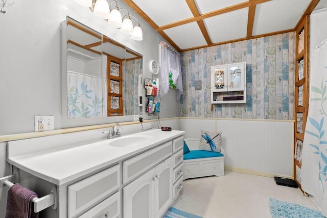 841 Township Highway 52, Nevada, OH 44849 - bathroom featuring vanity, wainscoting, tile patterned floors, and a shower with curtain