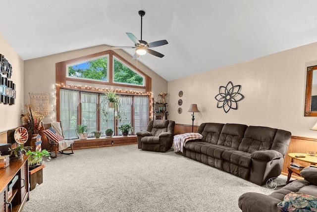 841 Township Highway 52, Nevada, OH 44849 - living room with ceiling fan, carpet, lofted ceiling, and wainscoting