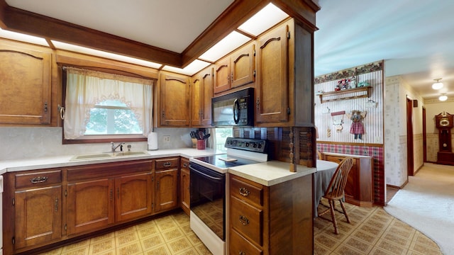 1371 Township Road 200, Bellefontaine, OH 43311 - kitchen featuring range with electric stovetop, black microwave, a sink, and light countertops