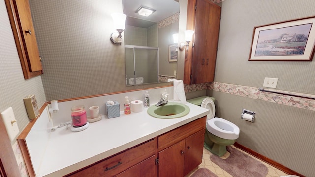 1371 Township Road 200, Bellefontaine, OH 43311 - bathroom featuring vanity, wallpapered walls, toilet, and a stall shower