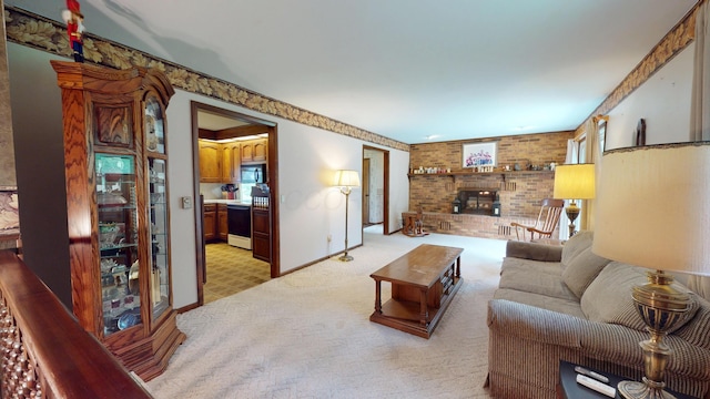 1371 Township Road 200, Bellefontaine, OH 43311 - living room featuring brick wall, light colored carpet, and baseboards