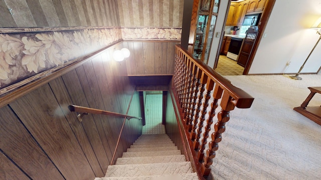 1371 Township Road 200, Bellefontaine, OH 43311 - stairway with wallpapered walls, carpet, and wainscoting