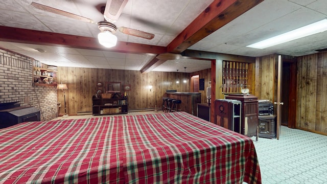 1371 Township Road 200, Bellefontaine, OH 43311 - bedroom with carpet flooring, wooden walls, baseboards, a dry bar, and beamed ceiling