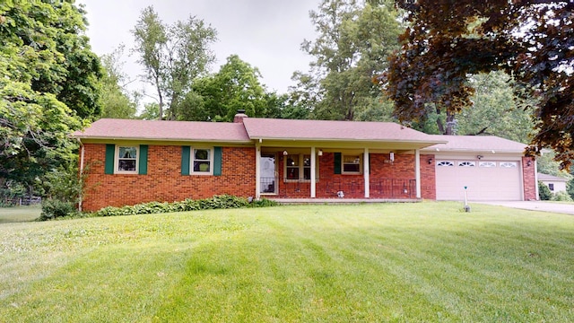 1371 Township Road 200, Bellefontaine, OH 43311 - ranch-style house with a porch, brick siding, a garage, a front yard, and a chimney