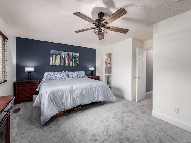 1835 Plains Blvd, Powell, OH 43065 - bedroom featuring a textured ceiling, carpet floors, a ceiling fan, and ensuite bath