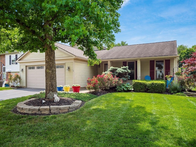 1835 Plains Blvd, Powell, OH 43065 - ranch-style house with a garage, asphalt driveway, a front lawn, and roof with shingles