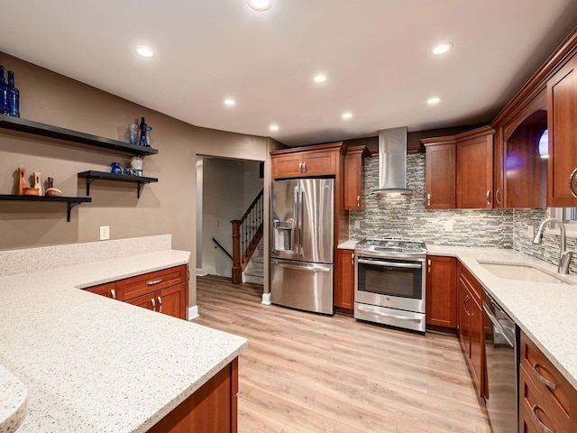 1835 Plains Blvd, Powell, OH 43065 - kitchen with stainless steel appliances, wall chimney exhaust hood, open shelves, light stone countertops, and backsplash