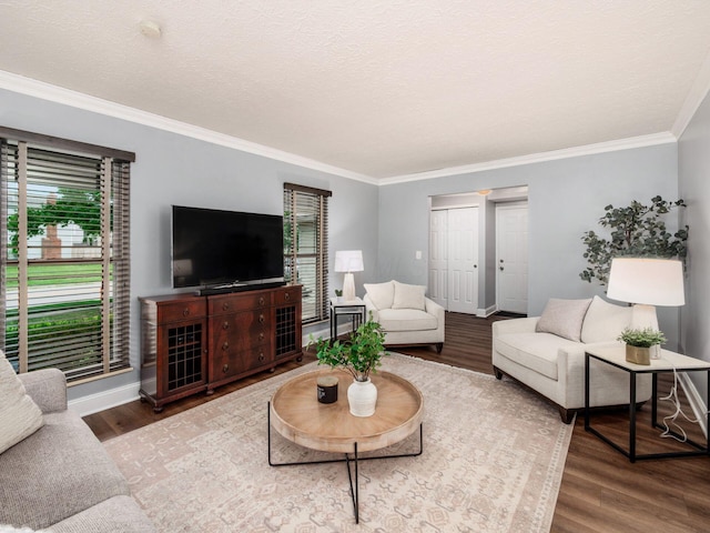 1835 Plains Blvd, Powell, OH 43065 - living room featuring wood finished floors, crown molding, and a textured ceiling