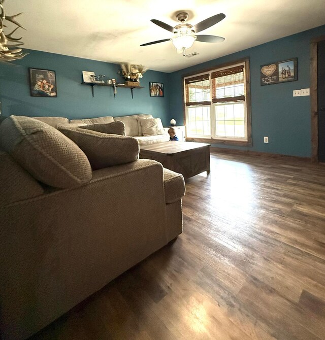 1775 Shoshoni Dr, Circleville, OH 43113 - living room featuring a ceiling fan and wood finished floors