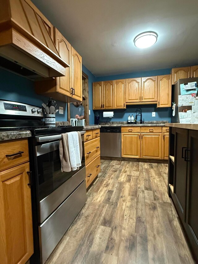 1775 Shoshoni Dr, Circleville, OH 43113 - kitchen featuring stainless steel appliances, light wood-style flooring, wall chimney range hood, and a sink