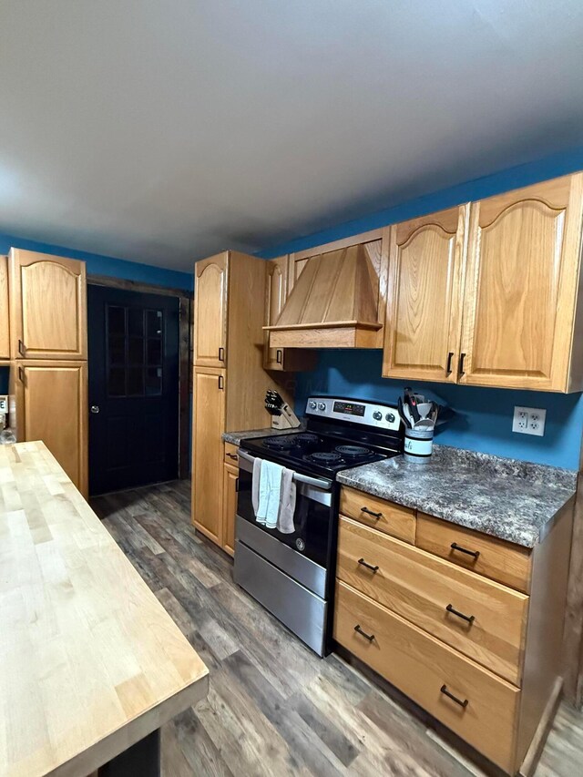 1775 Shoshoni Dr, Circleville, OH 43113 - kitchen with custom range hood, stainless steel range with electric stovetop, dark wood-style floors, and dark countertops