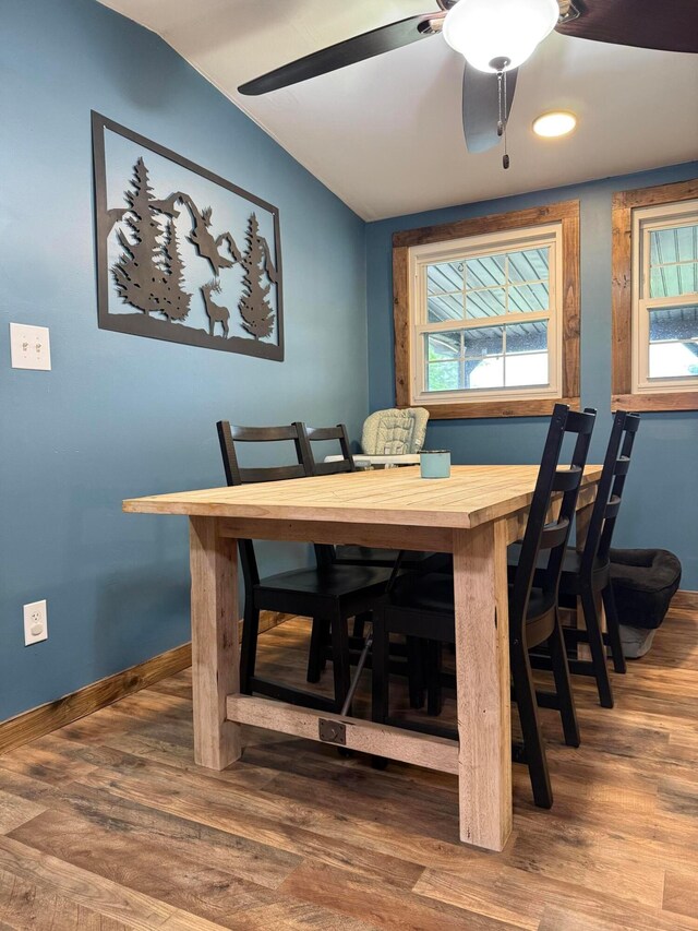1775 Shoshoni Dr, Circleville, OH 43113 - dining space with wood finished floors, lofted ceiling, baseboards, and a ceiling fan